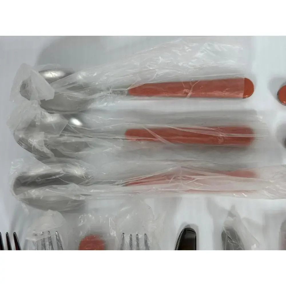 19 Pieces Flatware Piece Set Coral Pink Salmon Plastic Handles MCM Made In China